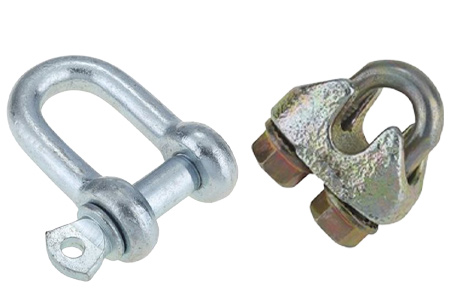 Selection of "D" shackles and wire rope hooks.
